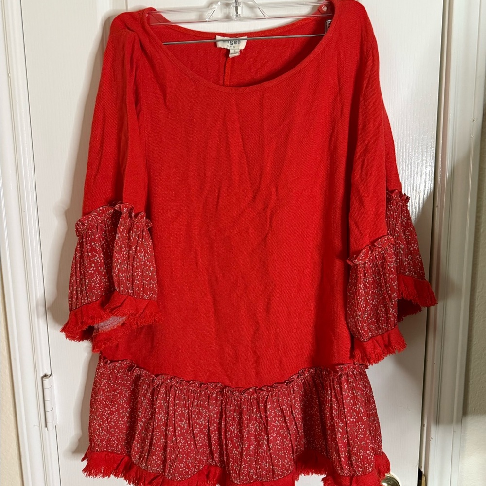 Umgee Red Blouse with Floral Accents
